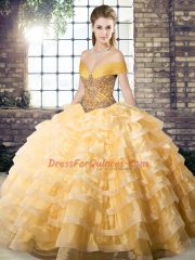 Organza Sleeveless Quinceanera Gowns Brush Train and Beading and Ruffled Layers
