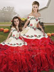 White And Red Ball Gown Prom Dress Military Ball and Sweet 16 and Quinceanera with Embroidery and Ruffles Off The Shoulder Sleeveless Lace Up