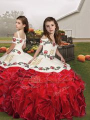 White And Red Ball Gown Prom Dress Military Ball and Sweet 16 and Quinceanera with Embroidery and Ruffles Off The Shoulder Sleeveless Lace Up