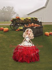 White And Red Ball Gown Prom Dress Military Ball and Sweet 16 and Quinceanera with Embroidery and Ruffles Off The Shoulder Sleeveless Lace Up