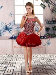 Attractive Red Sleeveless Mini Length Beading and Ruffles Zipper Prom Evening Gown
