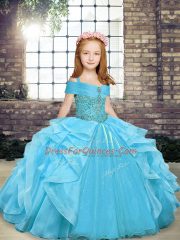 Floor Length Aqua Blue Kids Pageant Dress Organza Sleeveless Beading and Ruffles