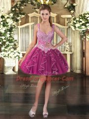 Best Selling Fuchsia Sleeveless Beading and Ruffles Mini Length Prom Gown