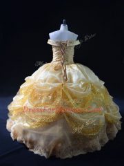 Super Gold Off The Shoulder Neckline Beading and Pick Ups Sweet 16 Dress Sleeveless Lace Up