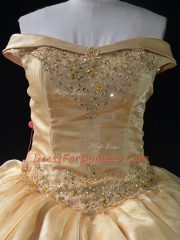 Super Gold Off The Shoulder Neckline Beading and Pick Ups Sweet 16 Dress Sleeveless Lace Up