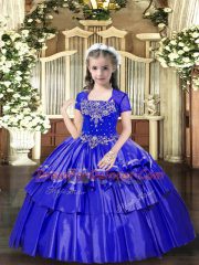 Customized Blue Lace Up Little Girl Pageant Dress Beading and Ruffled Layers Sleeveless Floor Length