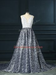 White And Black Backless V-neck Beading Prom Dresses Printed Sleeveless Brush Train