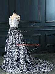 White And Black Backless V-neck Beading Prom Dresses Printed Sleeveless Brush Train
