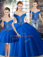 Dazzling Brush Train Three Pieces 15 Quinceanera Dress Royal Blue Off The Shoulder Tulle Sleeveless Lace Up
