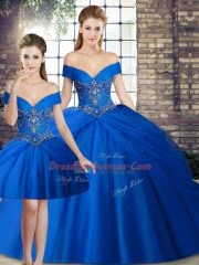 Dazzling Brush Train Three Pieces 15 Quinceanera Dress Royal Blue Off The Shoulder Tulle Sleeveless Lace Up