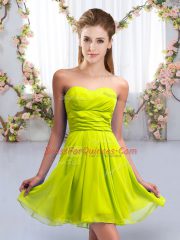Extravagant Yellow Green Lace Up Dama Dress Ruching Sleeveless Mini Length