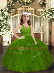 Sleeveless Floor Length Ruffles Zipper Pageant Dress Womens with Olive Green