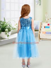 Amazing Organza Sleeveless Tea Length Flower Girl Dress and Sequins and Hand Made Flower