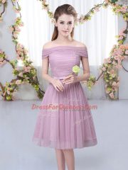 Most Popular Pink Empire Off The Shoulder Short Sleeves Tulle Knee Length Lace Up Belt Dama Dress