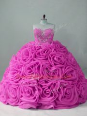 Lilac Ball Gowns Beading Vestidos de Quinceanera Lace Up Fabric With Rolling Flowers Sleeveless