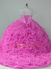 Lilac Ball Gowns Beading Vestidos de Quinceanera Lace Up Fabric With Rolling Flowers Sleeveless