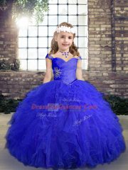 Tulle Straps Sleeveless Lace Up Beading and Ruffles Kids Pageant Dress in Blue