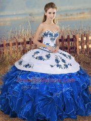 Discount Organza Sweetheart Sleeveless Lace Up Embroidery and Ruffles and Bowknot Quinceanera Gowns in Blue And White