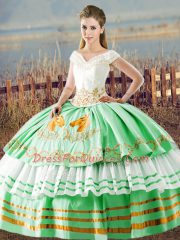 Excellent Floor Length Lace Up Quince Ball Gowns Apple Green for Sweet 16 and Quinceanera with Embroidery and Ruffled Layers