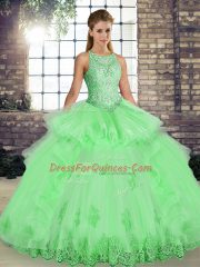 Hot Selling Sleeveless Floor Length Lace and Embroidery and Ruffles Lace Up Quinceanera Dress