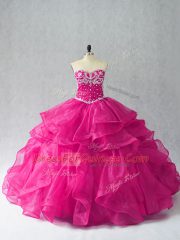 Fuchsia Lace Up Sweetheart Beading and Ruffles Ball Gown Prom Dress Organza Sleeveless