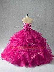 Fuchsia Lace Up Sweetheart Beading and Ruffles Ball Gown Prom Dress Organza Sleeveless