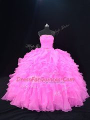 Comfortable Pink and Rose Pink Lace Up Quinceanera Dress Beading and Ruffles Sleeveless Floor Length