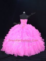 Comfortable Pink and Rose Pink Lace Up Quinceanera Dress Beading and Ruffles Sleeveless Floor Length