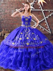 Modest Royal Blue Organza Lace Up Sweetheart Sleeveless Floor Length Quinceanera Dress Embroidery and Ruffled Layers