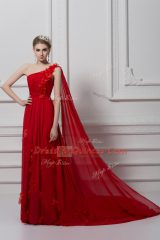 Beauteous Red Chiffon and Tulle Lace Up One Shoulder Sleeveless Custom Made Watteau Train Ruching and Hand Made Flower