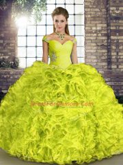 Attractive Yellow Green 15 Quinceanera Dress Military Ball and Sweet 16 and Quinceanera with Beading and Ruffles Off The Shoulder Sleeveless Lace Up