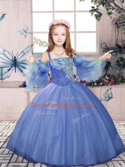 Purple Tulle Lace Up Child Pageant Dress Sleeveless Floor Length Beading