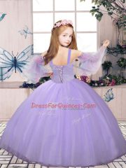 Purple Tulle Lace Up Child Pageant Dress Sleeveless Floor Length Beading