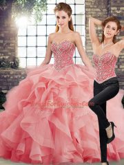 Discount Watermelon Red Sweetheart Neckline Beading and Ruffles Quinceanera Gowns Sleeveless Lace Up