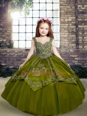 Olive Green Sleeveless Floor Length Beading and Embroidery Lace Up Little Girl Pageant Dress