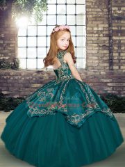 Olive Green Sleeveless Floor Length Beading and Embroidery Lace Up Little Girl Pageant Dress
