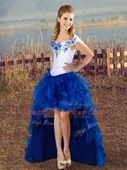 Captivating Blue And White Organza Lace Up Prom Gown Sleeveless High Low Embroidery