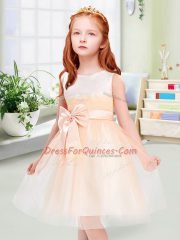 Sleeveless Tulle Knee Length Zipper Flower Girl Dress in Peach with Bowknot
