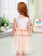 Sleeveless Tulle Knee Length Zipper Flower Girl Dress in Peach with Bowknot
