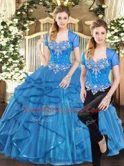 Simple Sweetheart Sleeveless Lace Up Ball Gown Prom Dress Blue Tulle