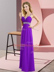Deluxe Purple Empire Straps Sleeveless Chiffon Floor Length Criss Cross Beading Evening Dress