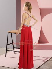 Deluxe Purple Empire Straps Sleeveless Chiffon Floor Length Criss Cross Beading Evening Dress
