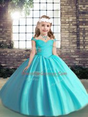 Elegant Baby Blue Lace Up Straps Beading and Ruching Glitz Pageant Dress Tulle Sleeveless