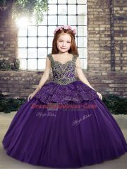 Floor Length Purple Pageant Gowns For Girls Tulle Sleeveless Beading and Appliques
