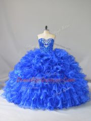Sweetheart Sleeveless Quinceanera Gowns Floor Length Ruffles and Sequins Royal Blue Organza