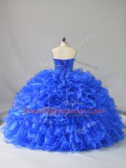 Sweetheart Sleeveless Quinceanera Gowns Floor Length Ruffles and Sequins Royal Blue Organza