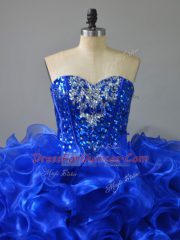 Sweetheart Sleeveless Quinceanera Gowns Floor Length Ruffles and Sequins Royal Blue Organza