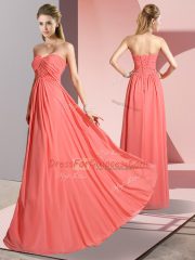 Best Watermelon Red Empire Chiffon Sweetheart Sleeveless Ruching Floor Length Lace Up Prom Gown