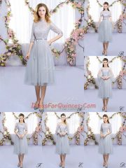 High-neck Half Sleeves Damas Dress Tea Length Lace and Belt Grey Tulle
