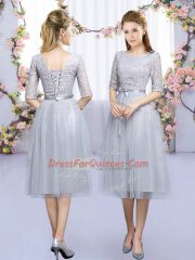 High-neck Half Sleeves Damas Dress Tea Length Lace and Belt Grey Tulle